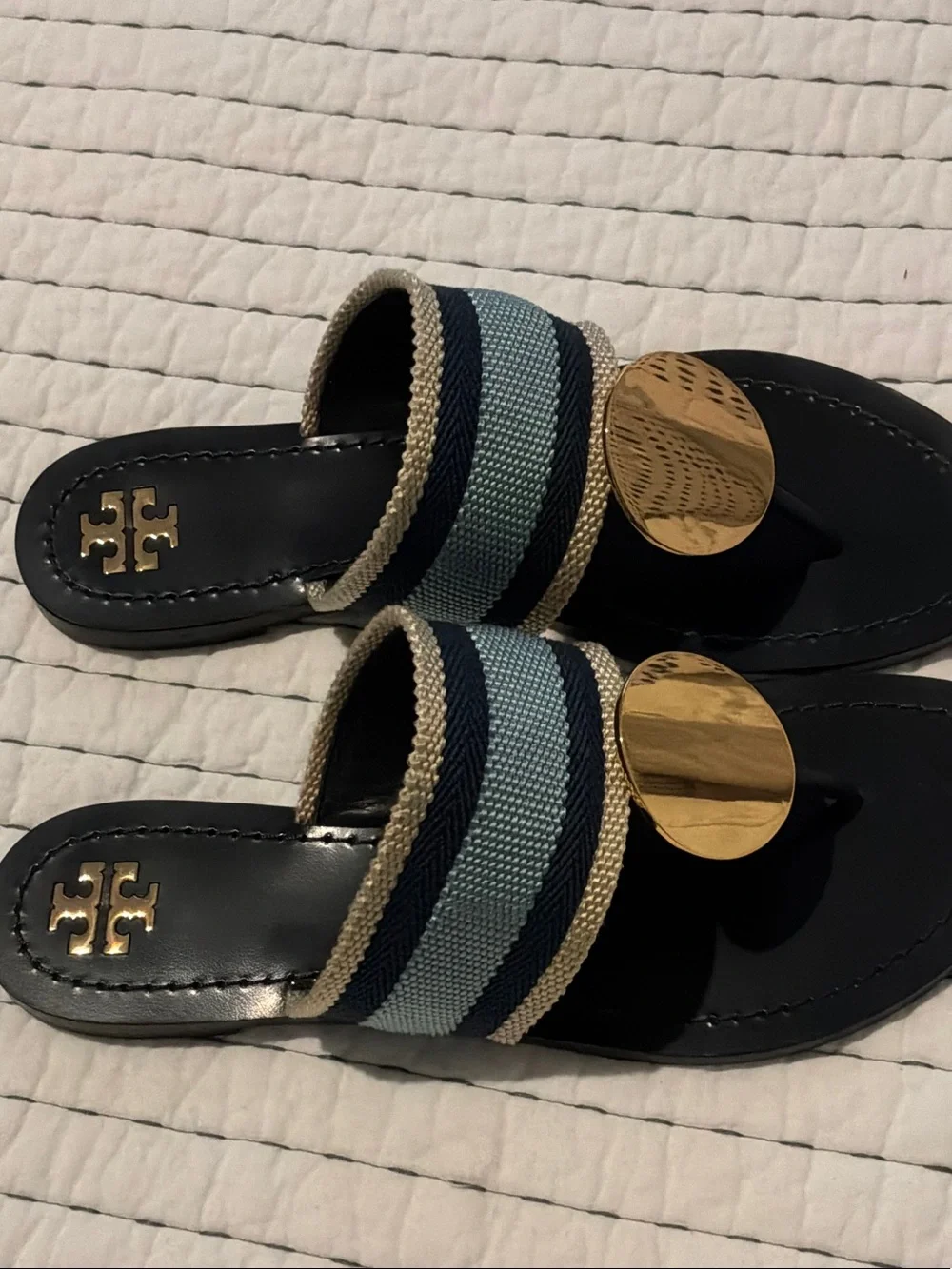 Tory Burch Navy and Light Blue Striped Miller Thong Sandals with Gold Disc